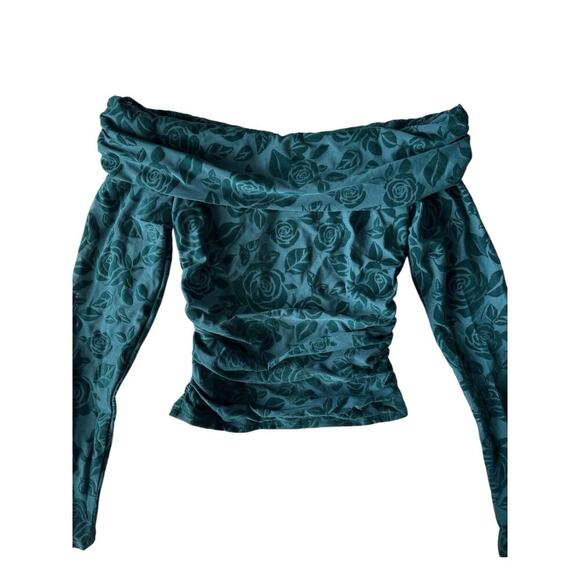 Wild Fable Green Velvet Floral Flocked Off Shoulder Long Sleeve Ruched Top Small - Picture 4 of 8